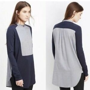 Vince Women’s Mixed Media Tuxedo Tunic Top Navy Blue Mandarin Collar Small